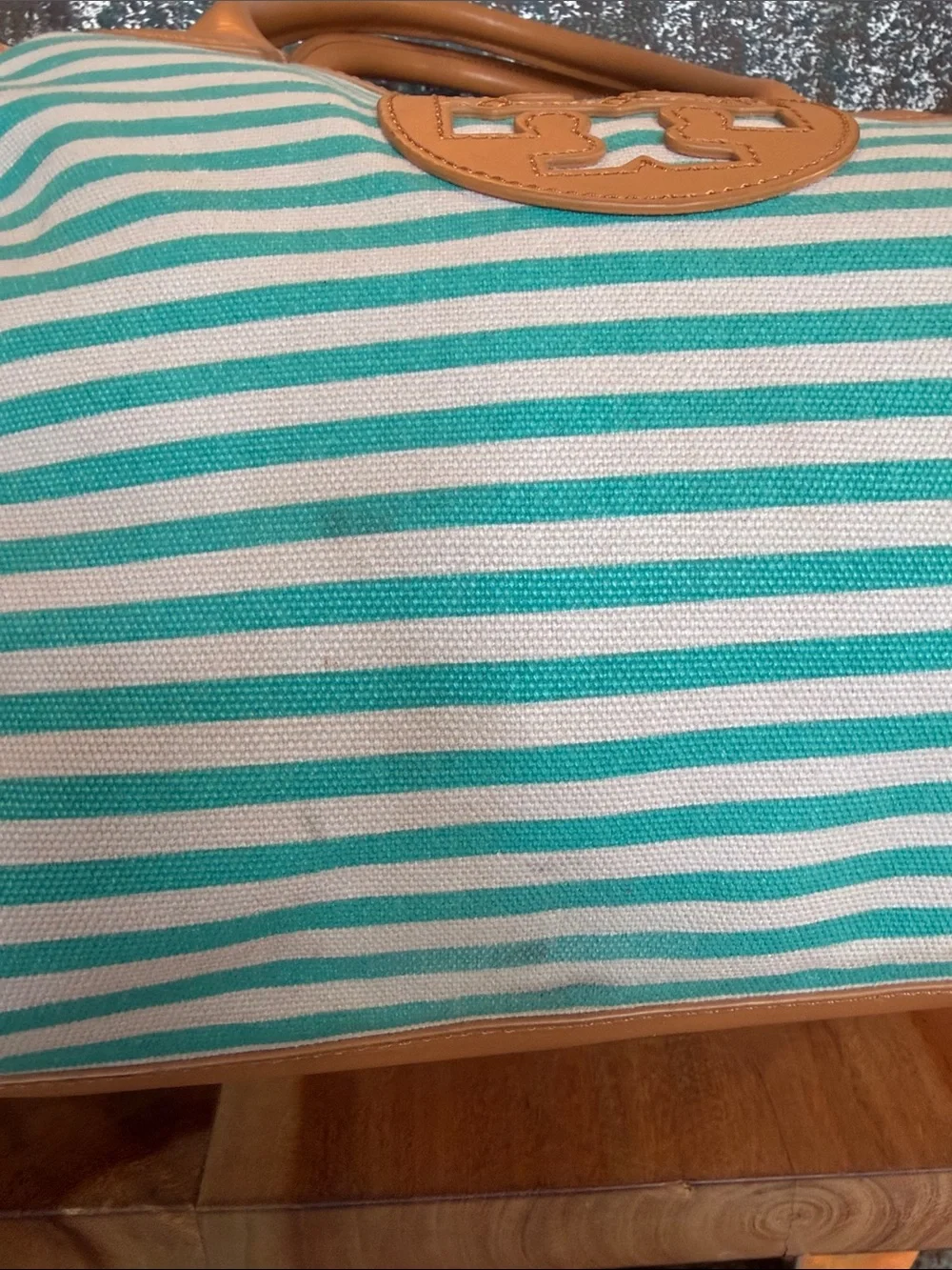 Tory Burch Rare Coastal Grandmother 2010’s Sophia Striped Canvas Tote Aqua GUC